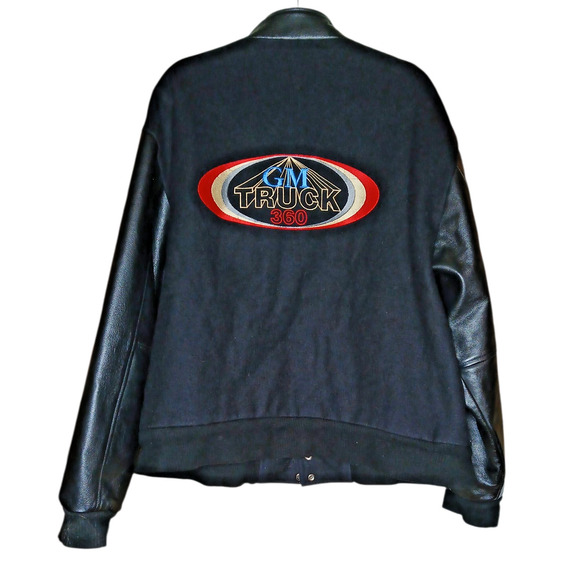 Vintage Mens XL GM Truck 360 Varsity Jacket Black Leather Sleeves Full Snap - Picture 2 of 11